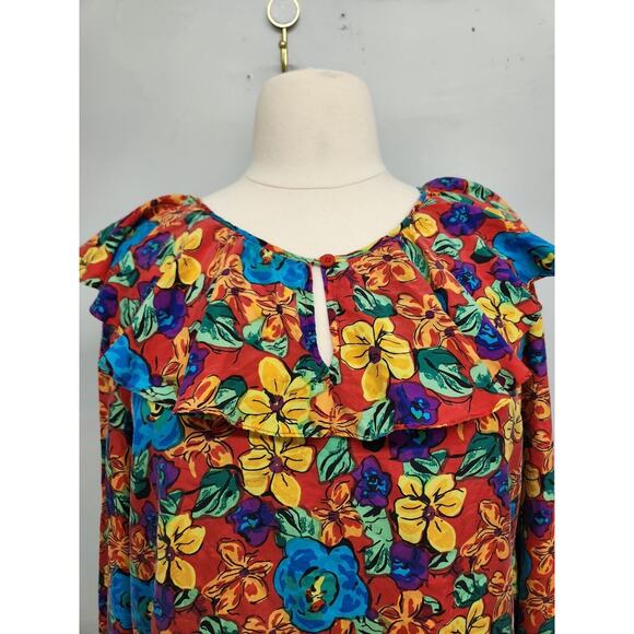 Vintage Silk Exchange 100% Silk Floral Tropical Hawaiian Ruffled Blouse Large - Picture 2 of 11